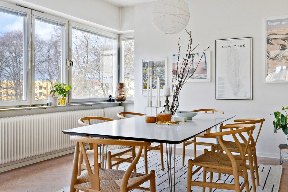 Design ideas for a mid-sized scandinavian dining room in Other with white walls, medium hardwood floors and no fireplace.