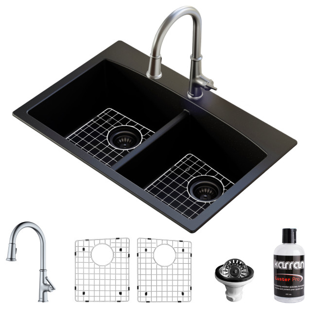 Karran Drop-In Quartz 33" 1-Hole 50/50 Double Bowl Sink, Black With Faucet