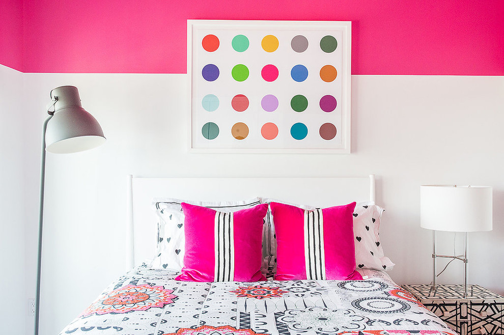 Penthouse Decor in Bethesda - Kids' bedroom - bedroom and mid-sized contemporary girl dark wood floor and black floor kids' bedroom idea in DC Metro with pink walls