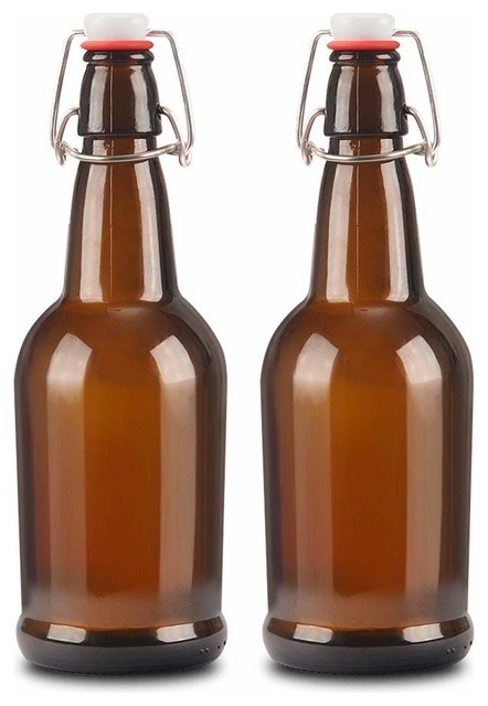 16Oz Amber Glass Beer Bottle Bottles With Easy Wire Swing Cap, Set Of 2