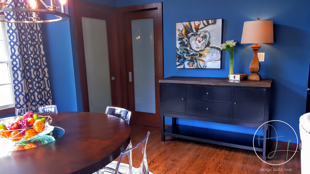 Inspiration for a small contemporary kitchen/dining combo in New York with blue walls and medium hardwood floors.