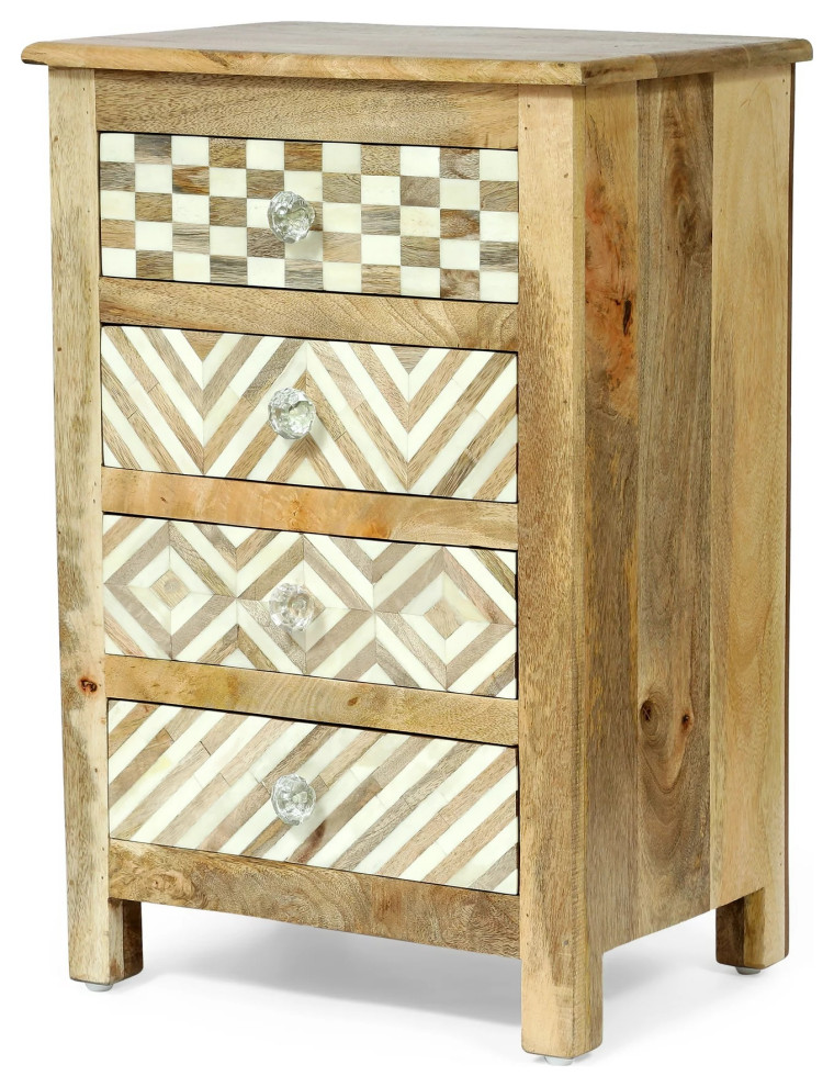 Handmade Boho Mango Wood Nightstand with Buffalo Bone Accents, Natural