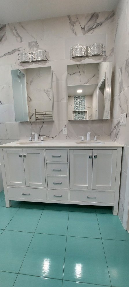 Mid-sized contemporary bathroom in New York with shaker cabinets, white cabinets, an alcove shower, a wall-mount toilet, white tile, porcelain tile, white walls, porcelain floors, with a sauna, an undermount sink, quartzite benchtops, green floor, a hinged shower door, white benchtops, a shower seat, a double vanity and a freestanding vanity.