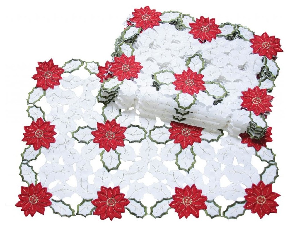 Holiday Poinsettia Embroidered Cutwork Placemat, 14"x20", Set of 4 Contemporary Placemats