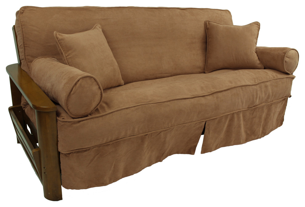 Full Futon Slip Cover With Throw Pillows, 5Piece Set, Saddle Brown