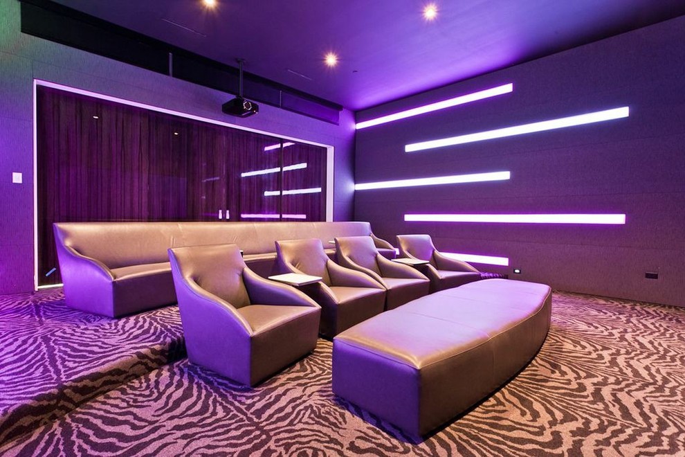 This is an example of a modern home theatre in Dallas.