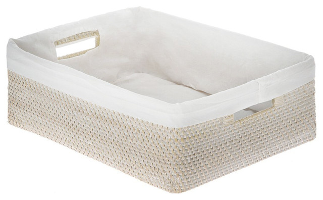 Laguna Rattan Shelf Basket With Cotton Liner White Wash Tropical Laguna Rattan Shelf Basket With Cotton Liner White Wash Tropical Baskets By Kouboo