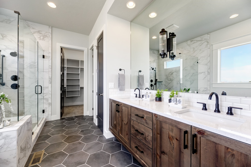 Design ideas for a large transitional master bathroom in Boise with shaker cabinets, white cabinets, an alcove shower, gray tile, white tile, subway tile, white walls, an undermount sink, grey floor, a hinged shower door, grey benchtops and a built-in vanity.