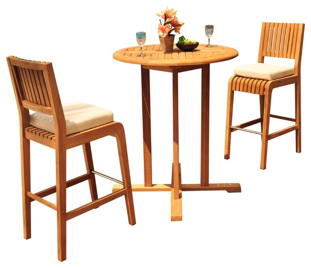3Piece Outdoor Patio Teak Bar Set 36" Round Table, 2 Maldives Armless