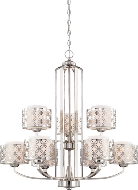 Margaux Nine Light Chandelier With Satin White Glass In Polished Nickel Finish