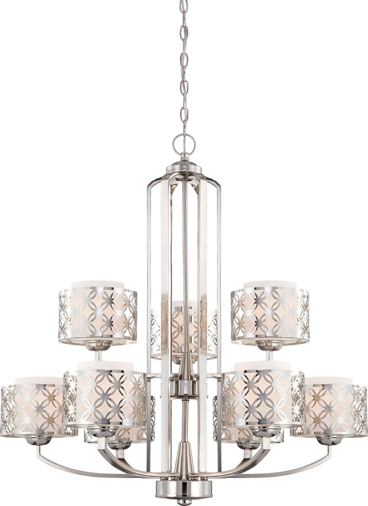 Margaux Nine Light Chandelier With Satin White Glass In Polished Nickel Finish