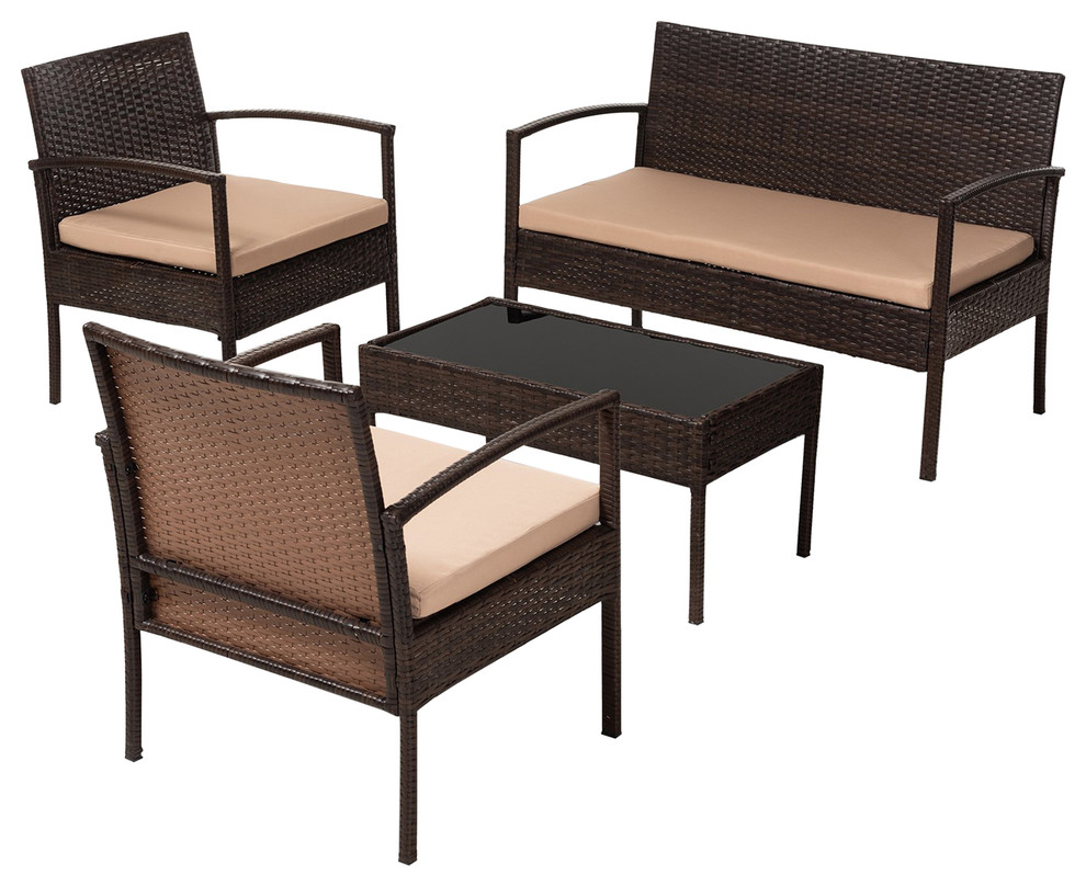 Mara Beige Fabric and Dark Brown Rattan 4-Piece Outdoor Patio Lounge Set