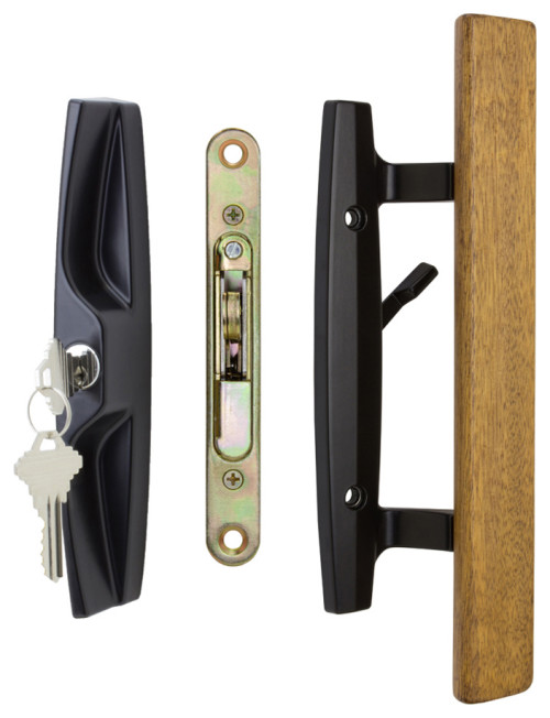 Lanai Sliding Glass Door Handle Set with Lock, Keyed, Oak Wood Pull, Black, 1-3/