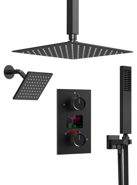 Dual Heads 12" Rain Shower Faucet with LCD Display 3 Function Shower System, Matte Black