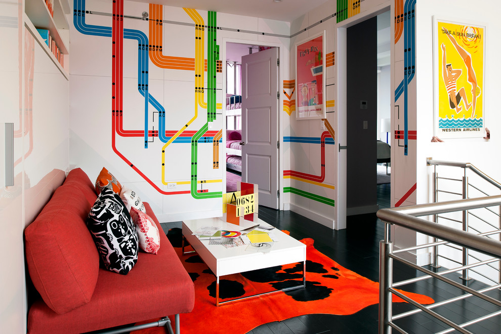 Inspiration for a contemporary gender-neutral kids' playroom for kids 4-10 years old in New York with dark hardwood floors.