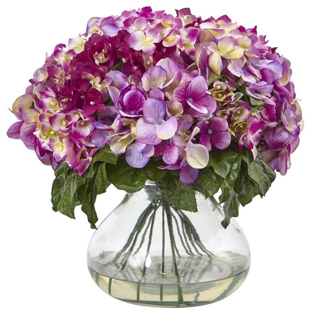 Hydrangea With Large Vase In Purple Contemporary Artificial