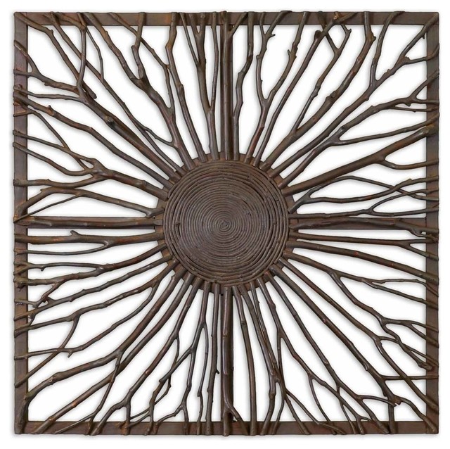 Contemporary Wood Branch Wall Art Square Panel 27 in Natural Open Large