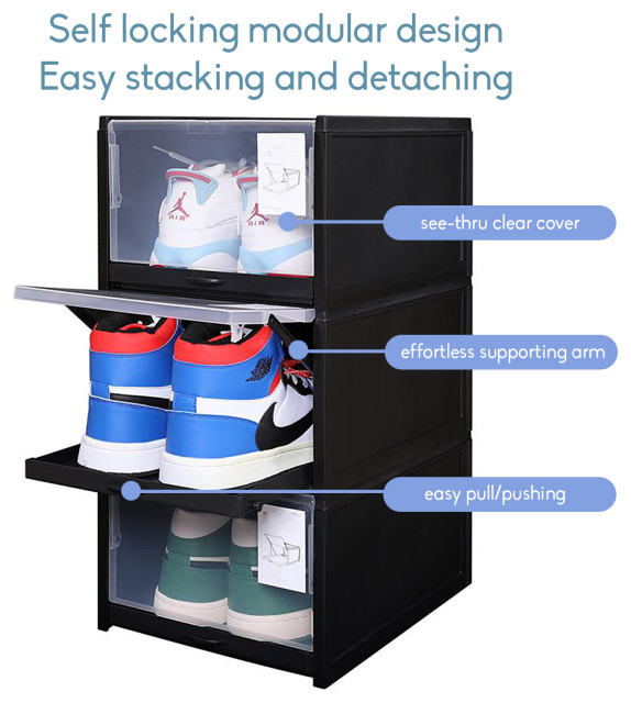 Set of 3 Stackable Shoe Storage Box, Black, Pull-out Sliding Shoe ...