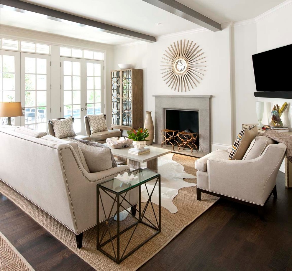 This is an example of a traditional family room in Dallas with white walls, dark hardwood floors, a standard fireplace and a wall-mounted tv.