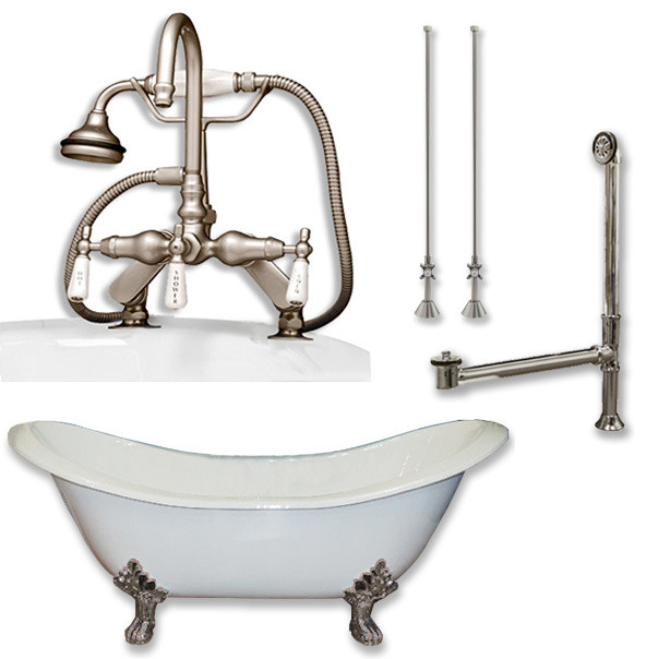 Cast Iron Double Ended Slipper Tub, English Style, Brushed Nickel, 71