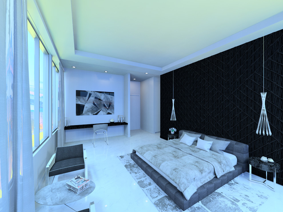 Large modern master bedroom in Miami with grey walls, marble floors, no fireplace and grey floor.