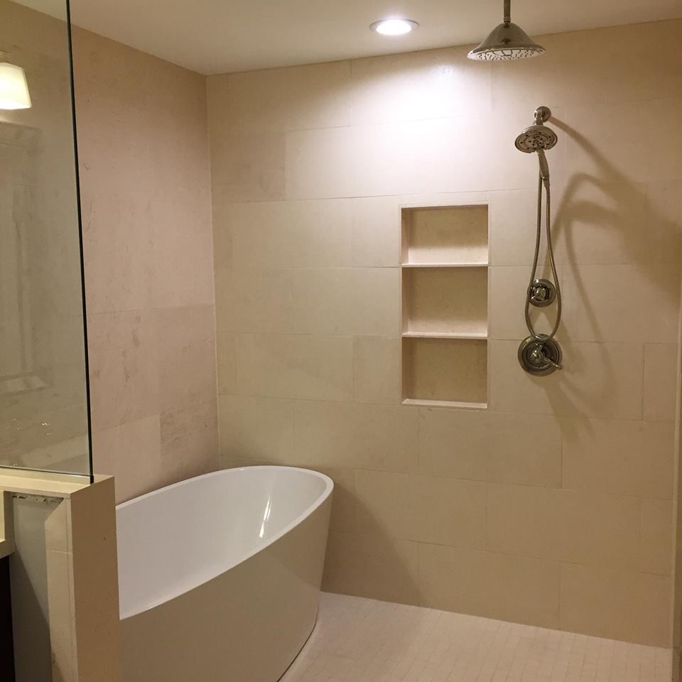 Example of a large transitional master white tile and stone tile travertine floor freestanding bathtub design in Phoenix with shaker cabinets