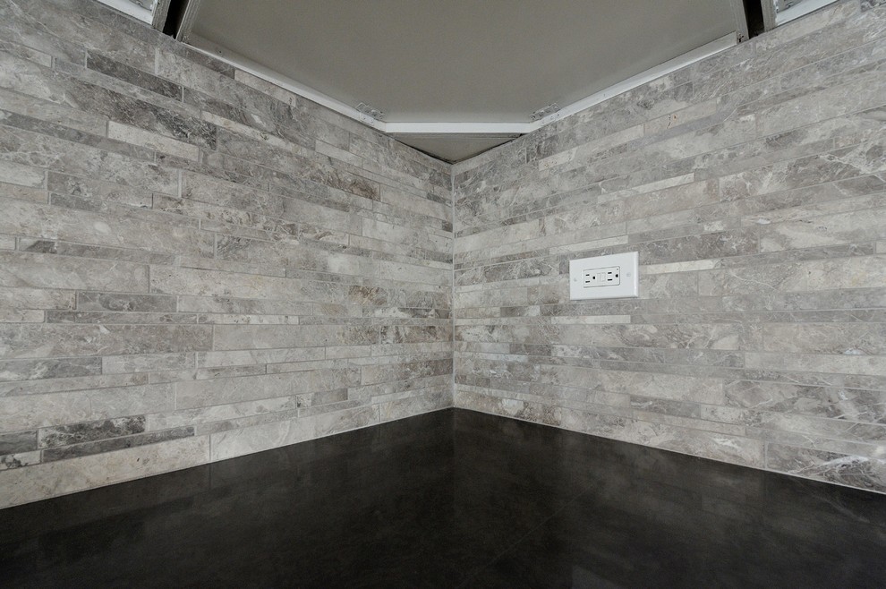 Example of a small transitional u-shaped enclosed kitchen design in New York with a single-bowl sink, raised-panel cabinets, white cabinets, granite countertops, gray backsplash, stone tile backsplash, stainless steel appliances and white walls