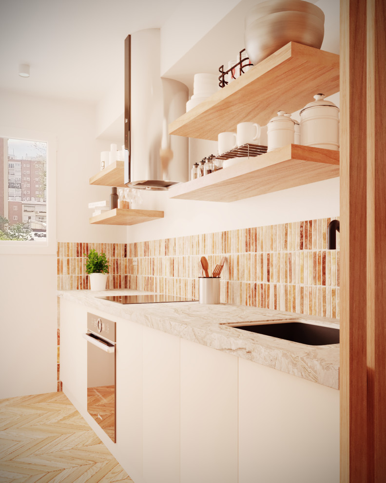 Foto på ett litet skandinaviskt grå kök med öppen planlösning, med en enkel diskho, öppna hyllor, beige skåp, marmorbänkskiva, stänkskydd i terrakottakakel, rostfria vitvaror och brunt golv