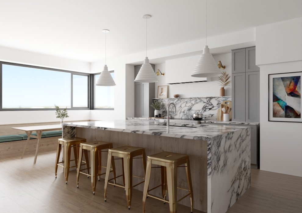 Design ideas for a transitional galley kitchen in Calgary with an undermount sink, shaker cabinets, grey cabinets, multi-coloured splashback, stone slab splashback, stainless steel appliances, dark hardwood floors, with island, brown floor and multi-coloured benchtop.