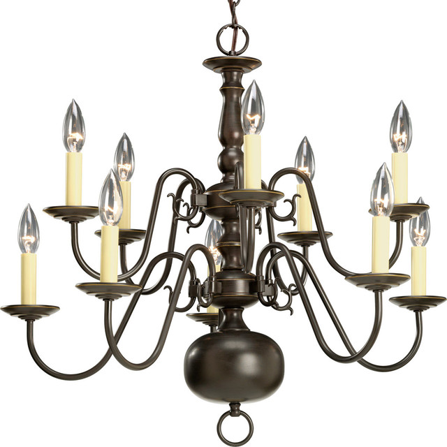 Americana Antique Bronze Ten-Light Chandelier with Ivory Finish Candle Sleeves