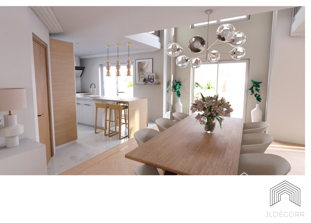 This is an example of a mid-sized transitional open plan dining in Other with white walls, light hardwood floors, a hanging fireplace, white floor and recessed.