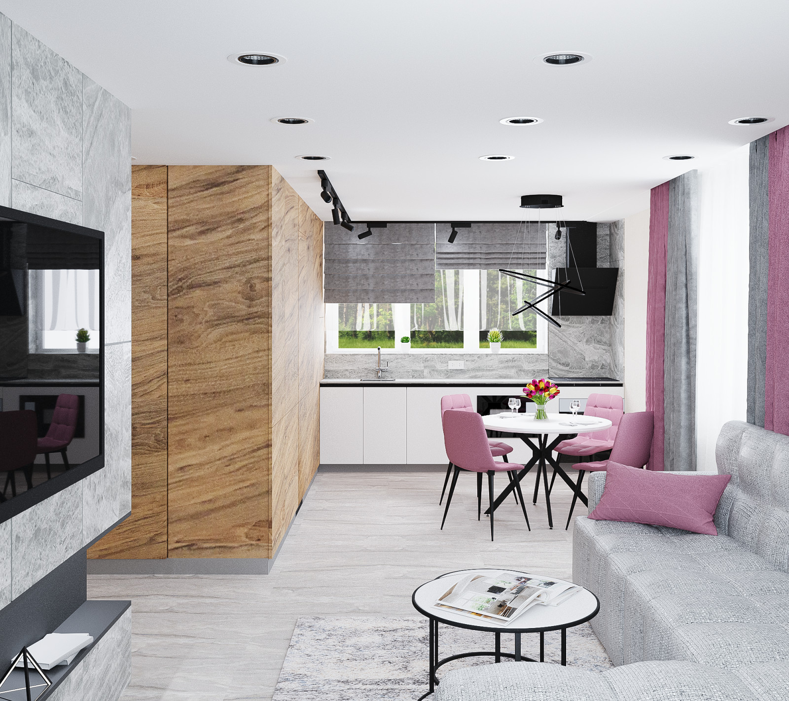 учебный проект. 1-й этаж частного дома для проживания 2 человек и собаки.