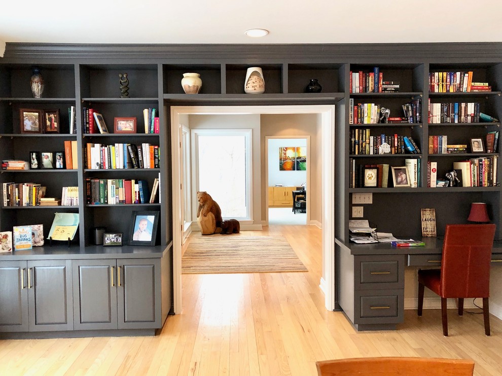 Great room - mid-sized transitional light wood floor great room idea with white walls