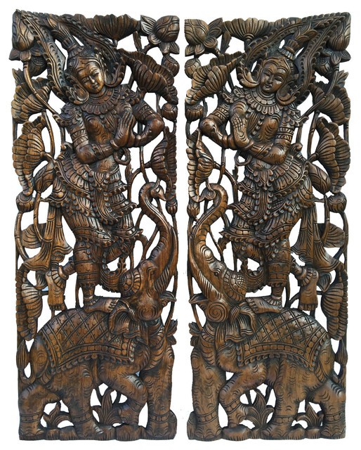 Traditional Sawaddee Thai Carved Wood Panels Figure And Elephant Set Of 2 Asian Wall Accents By Asiana Home Decor Houzz - Carved Wood Wall Art Canada