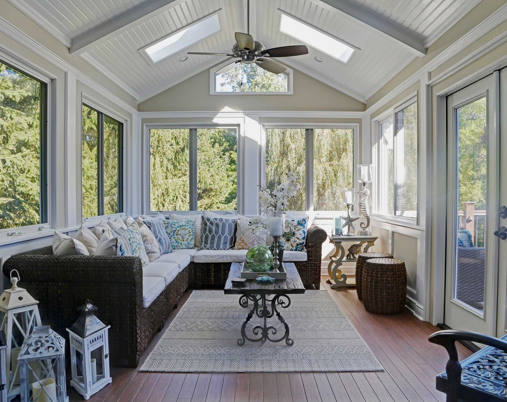Mid-sized beach style brown floor sunroom photo in New York with a skylight