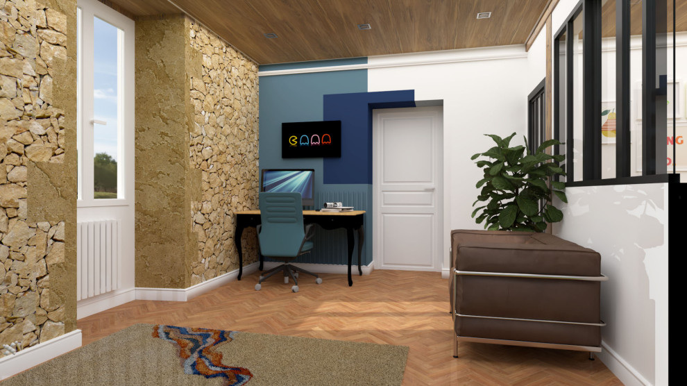 Idées déco pour un petit bureau atelier contemporain avec un mur bleu, parquet clair, aucune cheminée, un bureau indépendant et un plafond en bois.