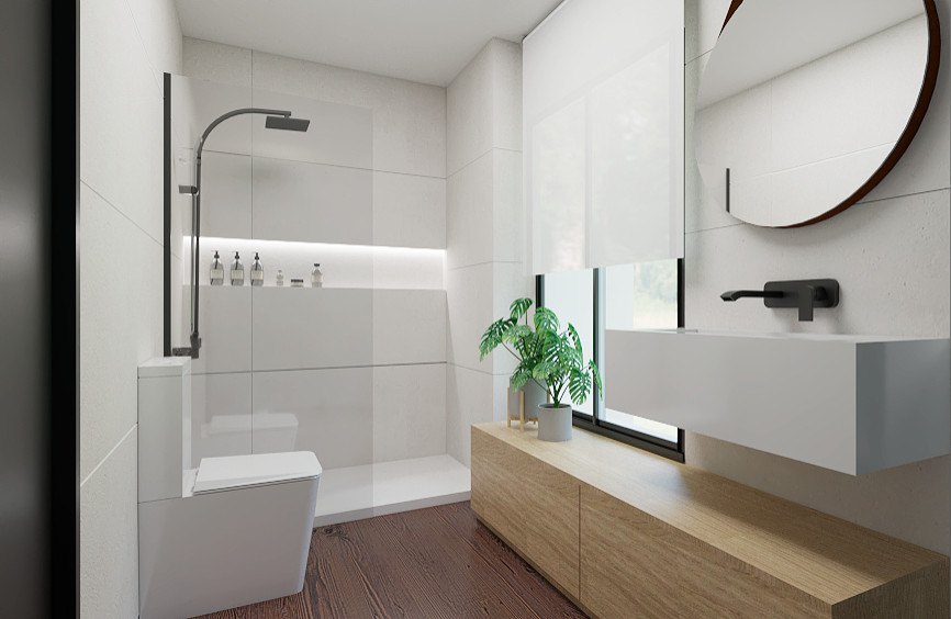 Idéer för att renovera ett mellanstort funkis vit vitt badrum med dusch, med grå skåp, en öppen dusch, en toalettstol med hel cisternkåpa, vit kakel, keramikplattor, vita väggar, klinkergolv i keramik, ett väggmonterat handfat, bänkskiva i kalksten och brunt golv