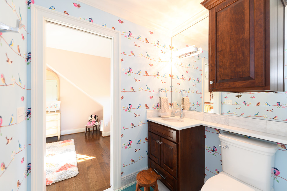 Alcove bathtub - large transitional 3/4 white tile and subway tile marble floor and white floor alcove bathtub idea with raised-panel cabinets, dark wood cabinets, a two-piece toilet, gray walls, an undermount sink, quartzite countertops and white countertops