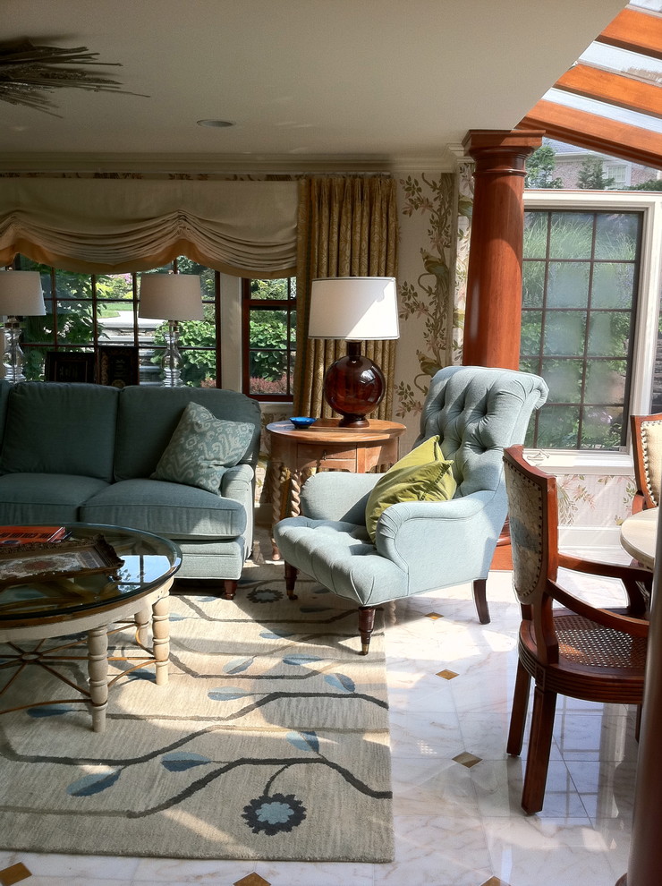 Design ideas for a large traditional sunroom in Other with marble floors and a skylight.