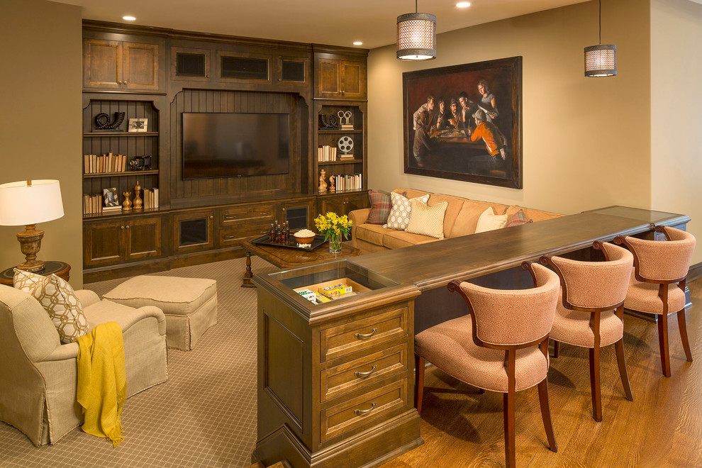 Traditional open concept family room in Minneapolis with beige walls, carpet and a built-in media wall.