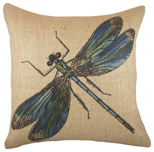 Dragonfly Burlap Pillow, 18"x18" Farmhouse Decorative Pillows by Houzz