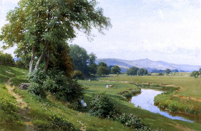 Harry Sutton Palmer An Extensive River Landscape With A Young Girl Balancing On