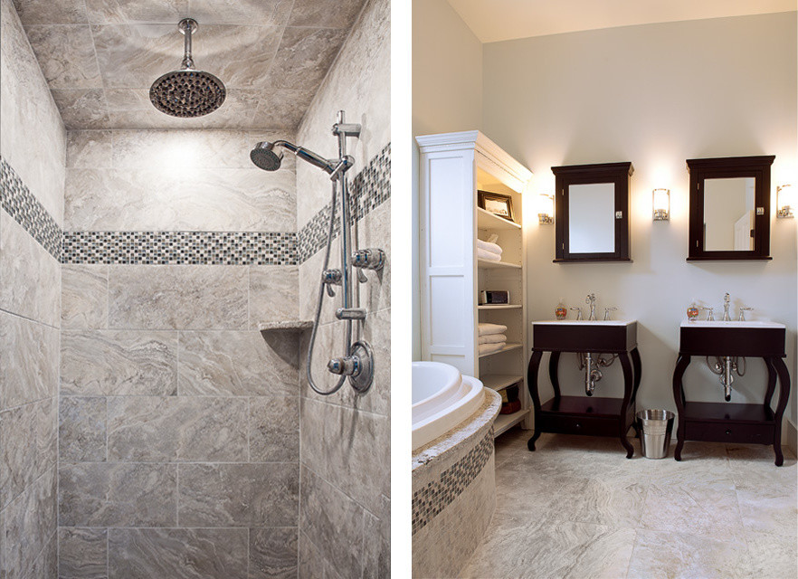 Design ideas for a traditional bathroom in Charleston with a drop-in tub, beige walls and an integrated sink.