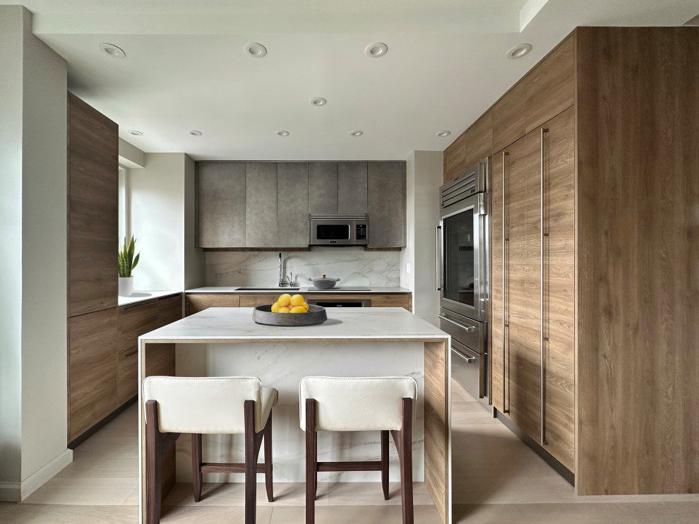 Eat-in kitchen - small modern u-shaped eat-in kitchen idea in New York with flat-panel cabinets and an island