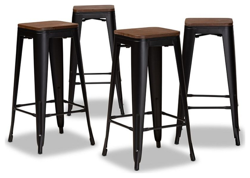 Baxton Studio Horton 4Piece Bar Stool Set Black Metal/Walnut Brown