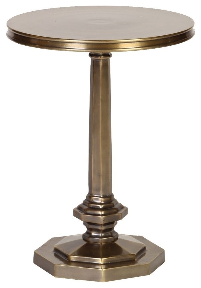 Round Cast Aluminum Accent Table With Octagonal Base In Brass Finish