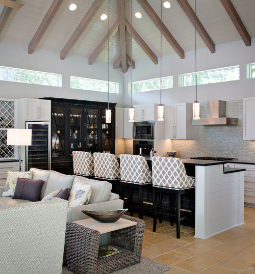 Big and open kitchen space with a modern appeal featuring four stools with a lattice back pattern design