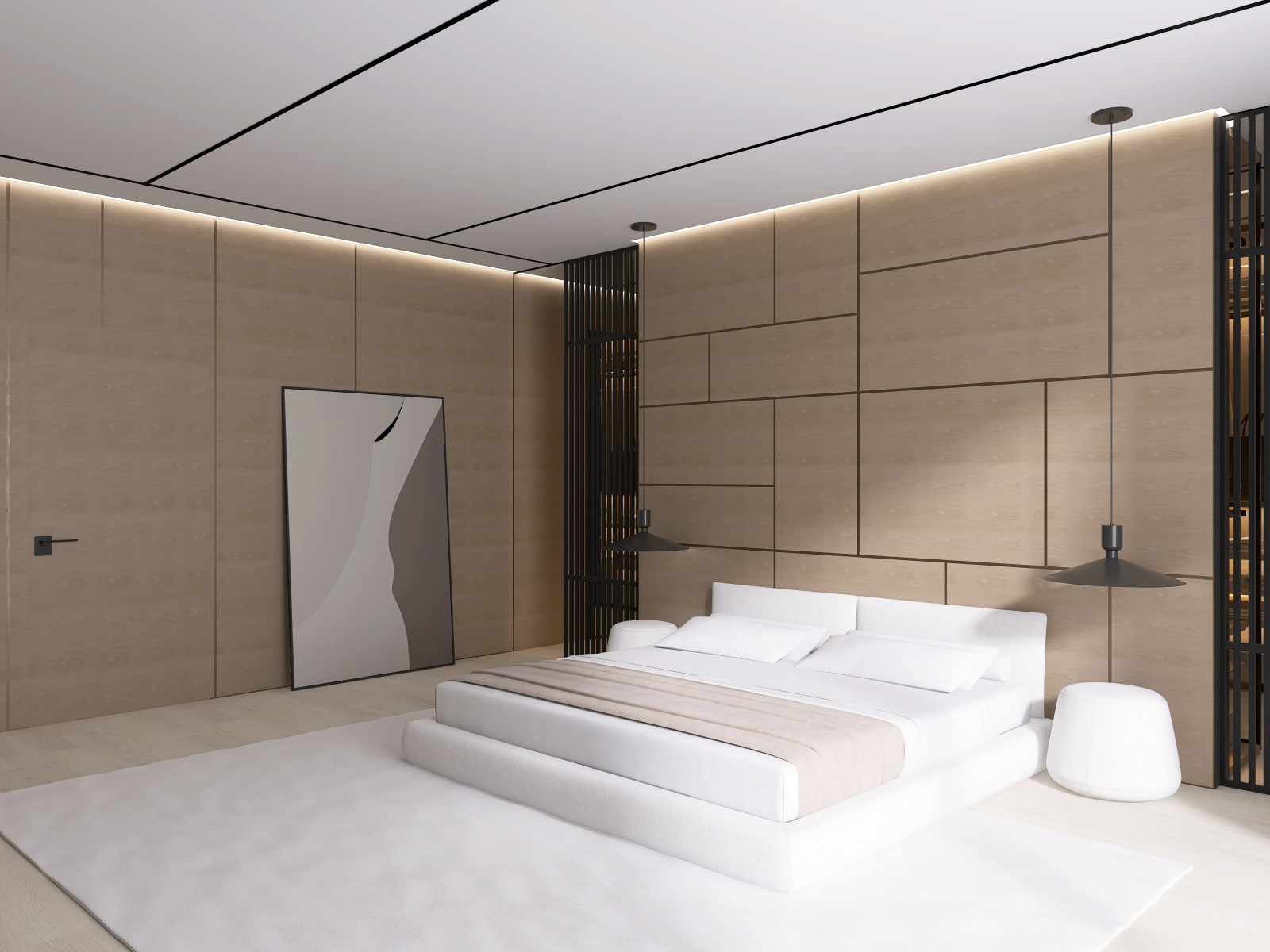 Мастер-блок с собственным гардеробом, необычным полками для книг и ковром на всю