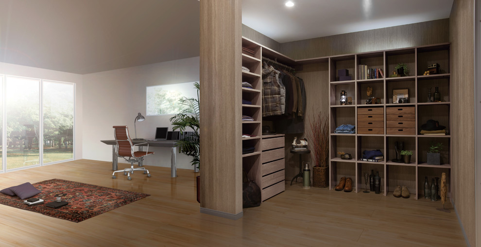 Modern men's walk-in wardrobe in Other with open cabinets and medium wood cabinets.