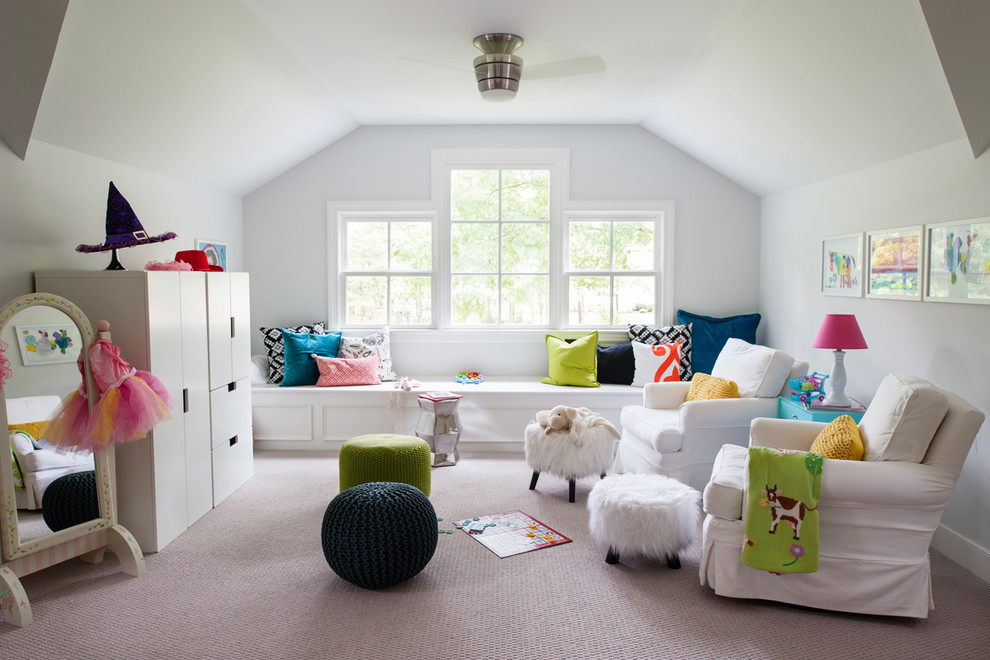 Large eclectic kids' playroom in Richmond with white walls and carpet for kids 4-10 years old and girls.